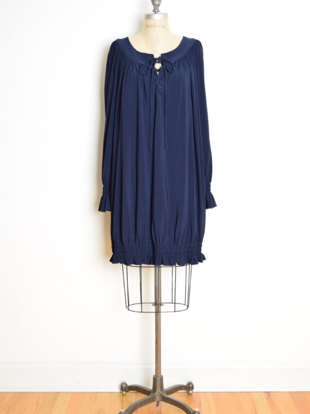 vintage Y2K dress Norma Kamali Everlast navy blue knit lace up tunic mini L XL
